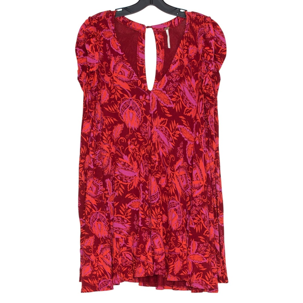 Free People Tunic Top Hello Lover Floral Boho Romantic 70s Puff Sleeve Red XS